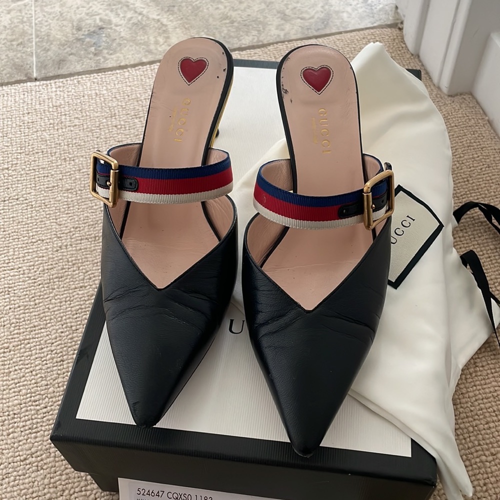 Gucci Nero Malaga Kid Stripe Buckle Kitten Bamboo Heel